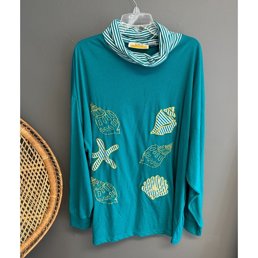 Vtg CST Sport Womens Sz 32W (3x) Teal SeaShell Embroidered Cowlneck Long Slv Top